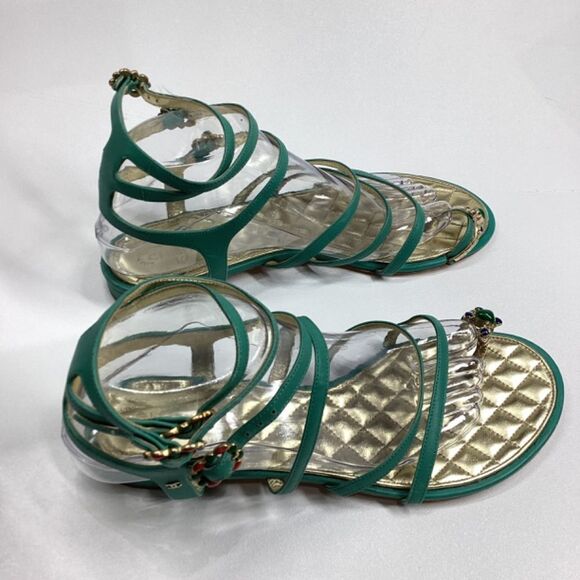 CHANEL Interlocking CC Logo Leather Gladiator Sandals Green Size EU 39.5 8.5US - Picture 6 of 17